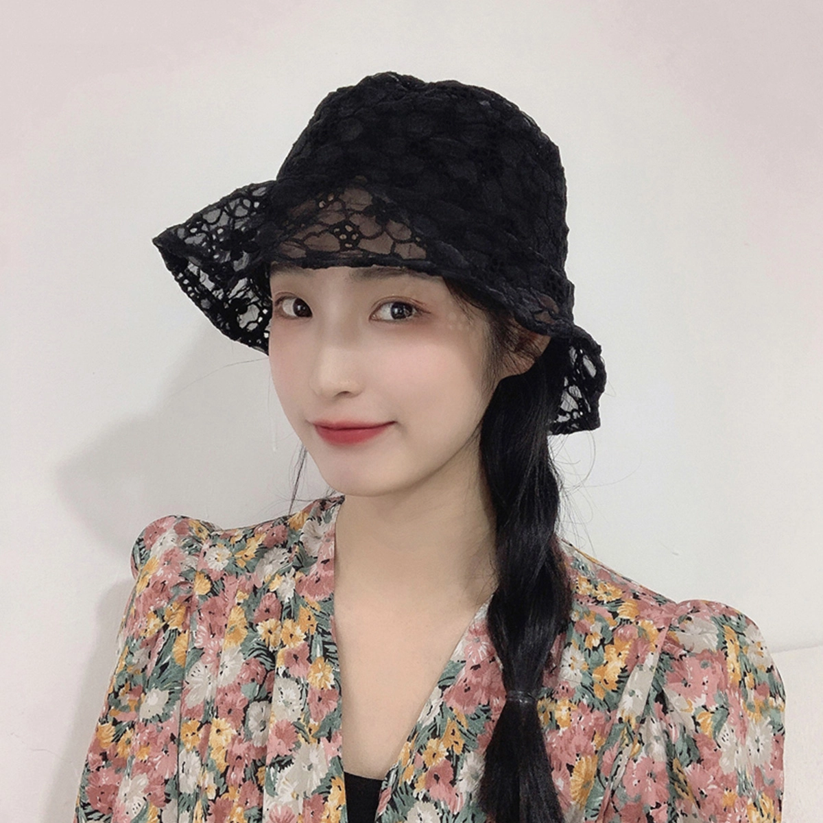 浪莎 夏季黑色时尚小众设计复古薄款蕾丝透气遮阳防晒 聚酯纤维 遮阳帽渔夫帽 女款