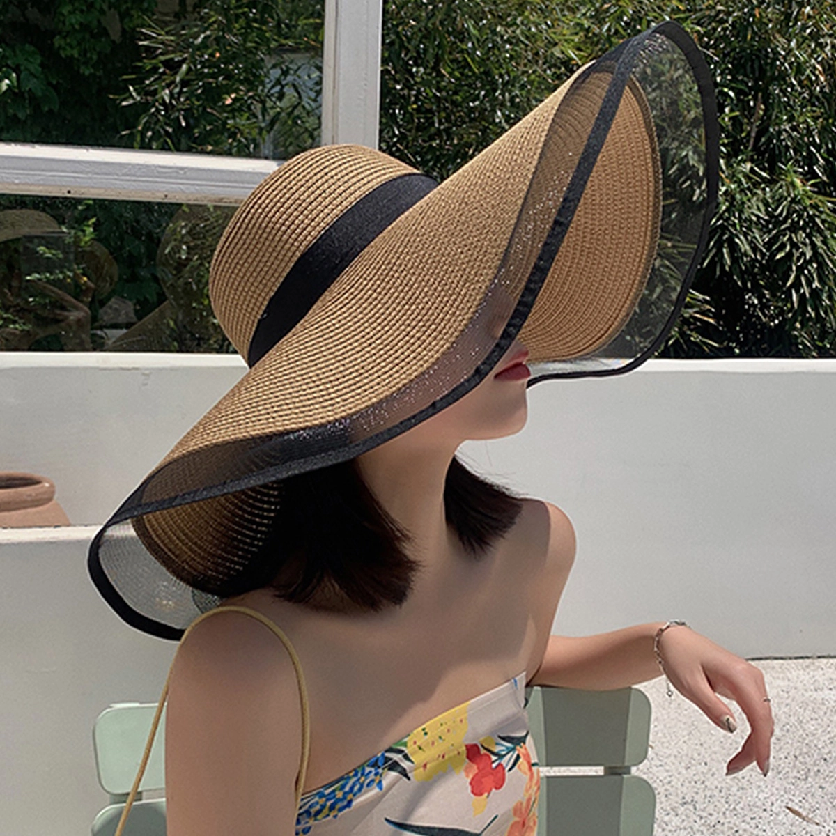 浪莎 大帽檐遮脸帽子气质 聚酯纤维 遮阳帽 女款