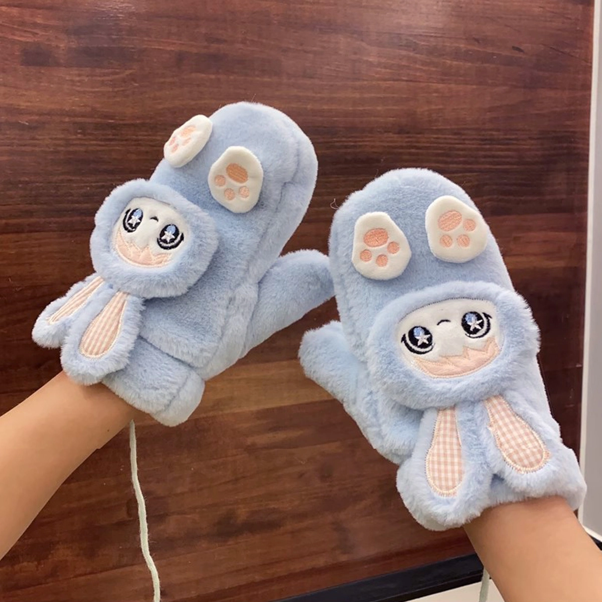 浪莎 脚印兔子动物卡通可爱毛绒加厚保暖 冬季挂脖手套 男女同款情侣款