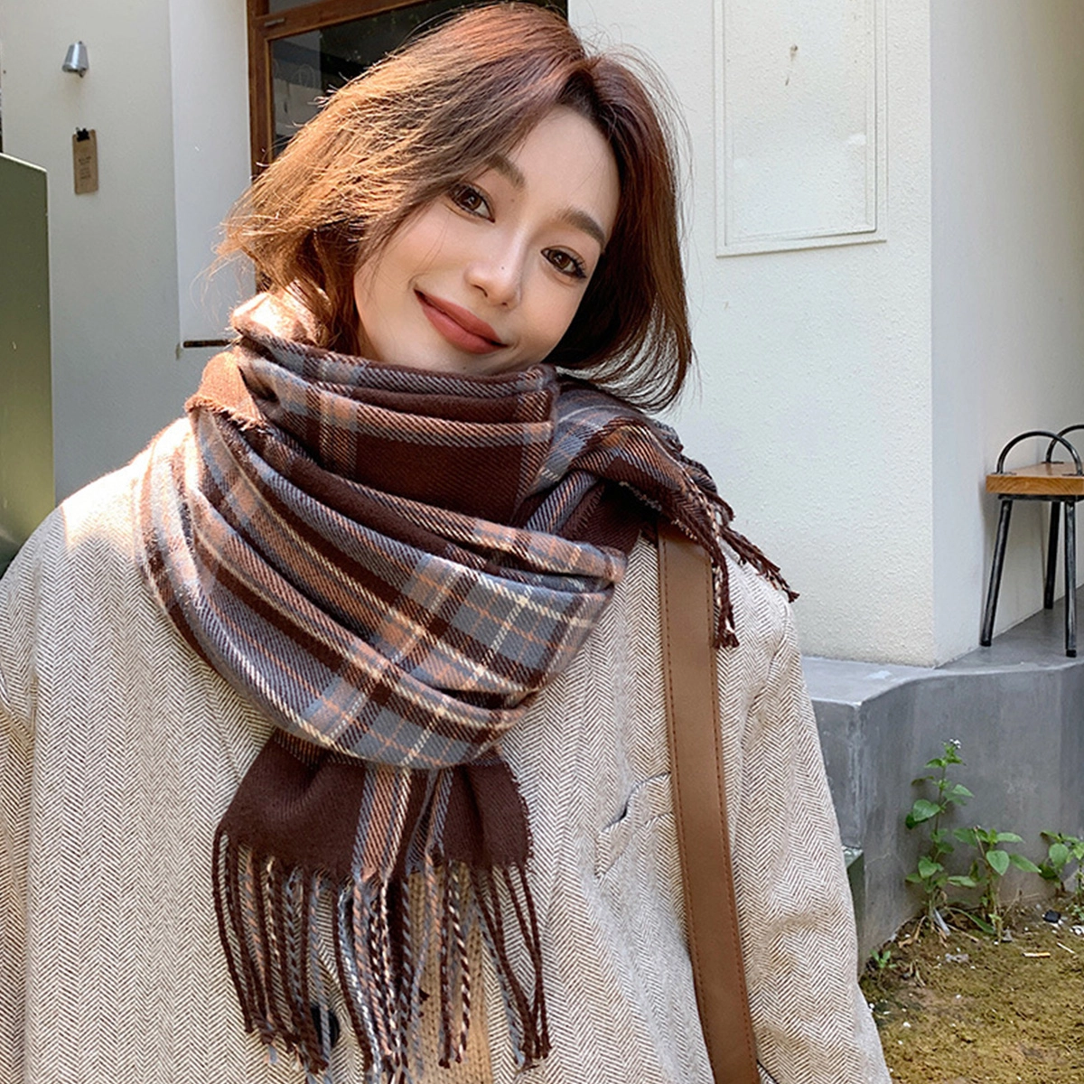 浪莎 甜美 格纹 保暖双面印花 绒线围巾 男款
