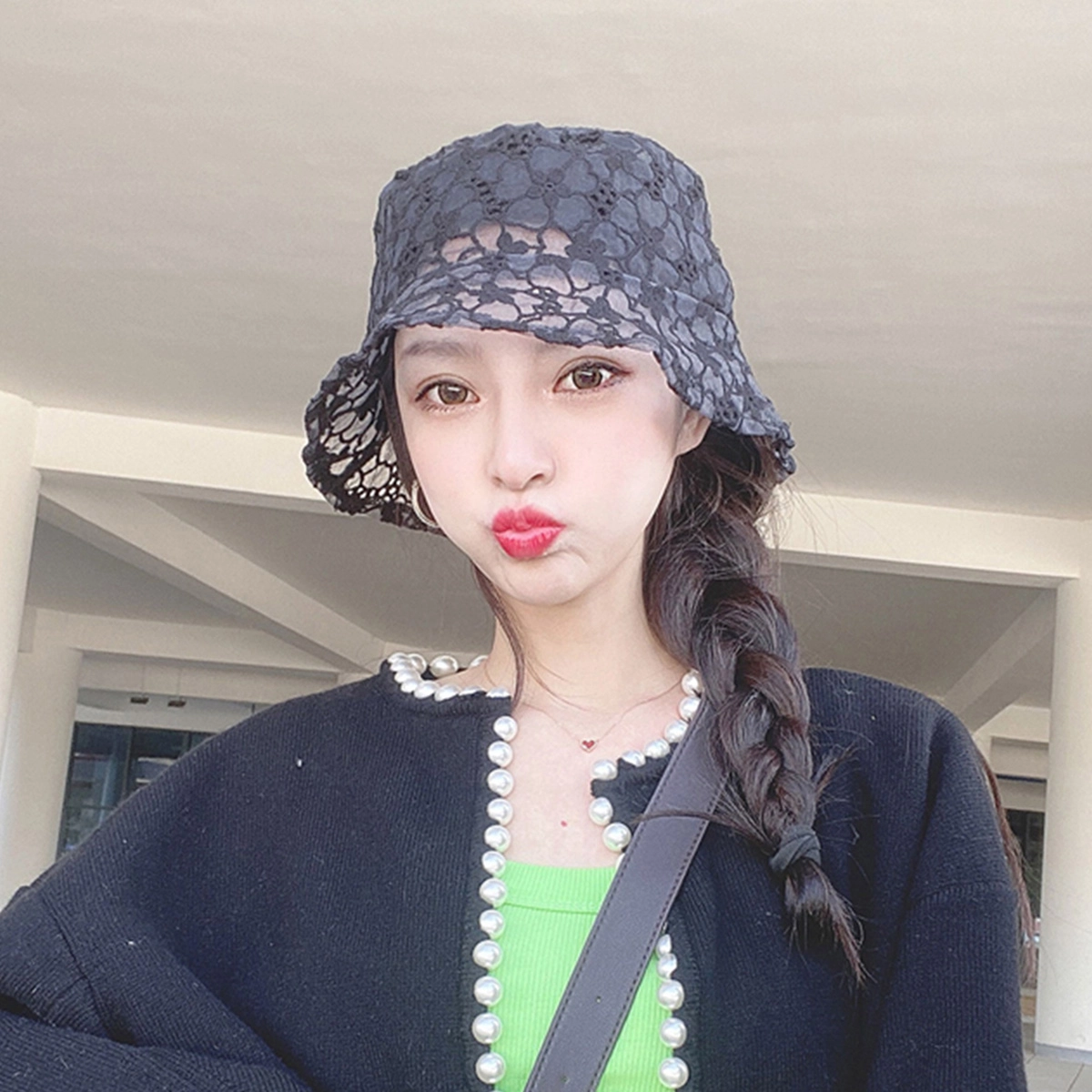 浪莎 夏季黑色时尚小众设计复古薄款蕾丝透气遮阳防晒 聚酯纤维 遮阳帽渔夫帽 女款
