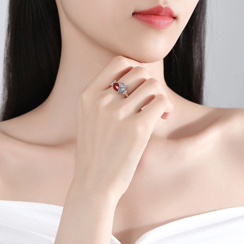 蒂尼诗 小鱼儿复古泰银哑光鱼跃龙门 玛瑙 玉石戒指 女款