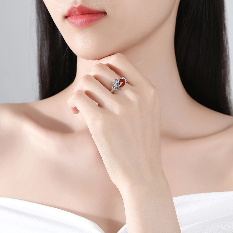 蒂尼诗 小鱼儿复古泰银哑光鱼跃龙门 玛瑙 玉石戒指 女款