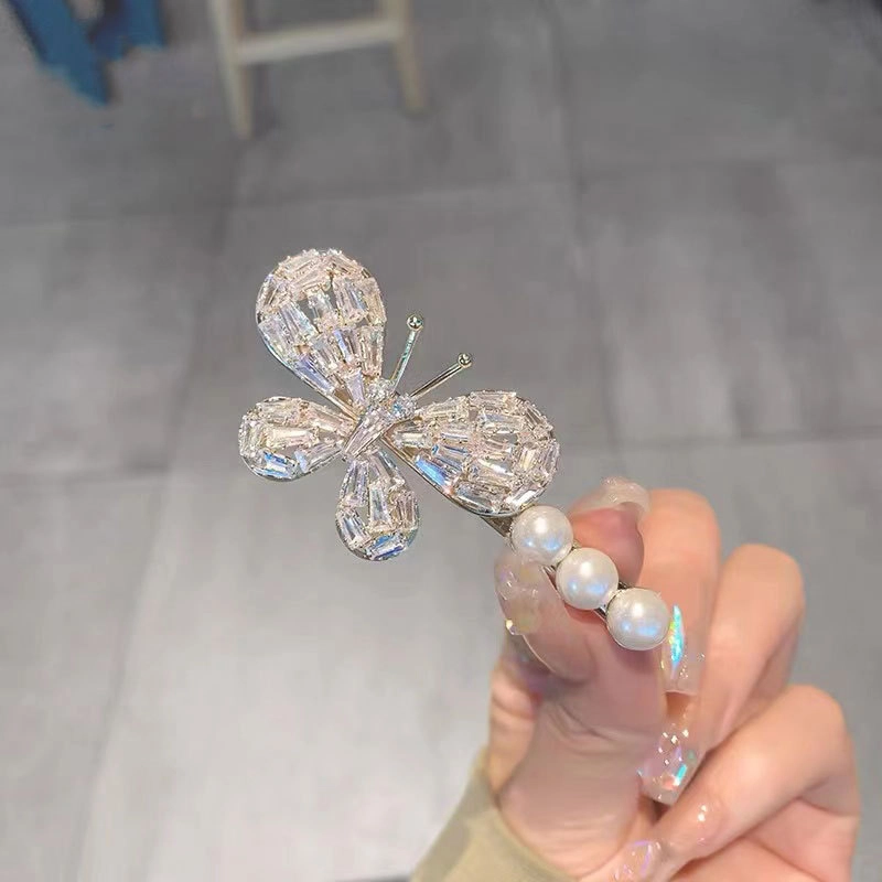 素 仿珍珠蝴蝶鸭嘴夏季高级感刘海侧边夹 锆石 发夹 女款