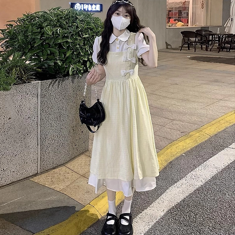 珠蒂美 甜美复古假两件新中式长款服饰短袖连衣裙 女款 黄色