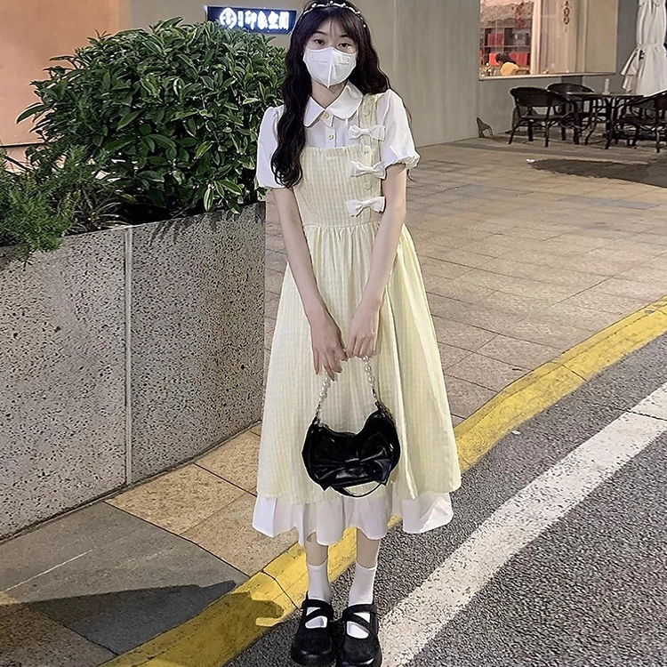 珠蒂美 甜美复古假两件新中式长款服饰短袖连衣裙 女款 黄色