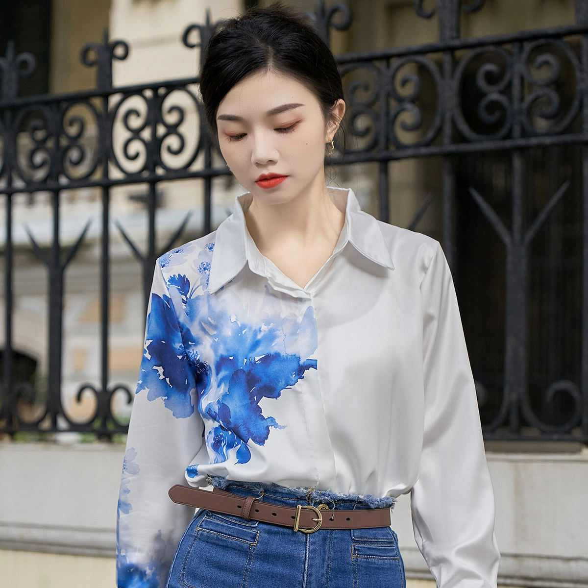 水中花 国风初水墨画印花文艺翻领长袖衬衫 女款 白色