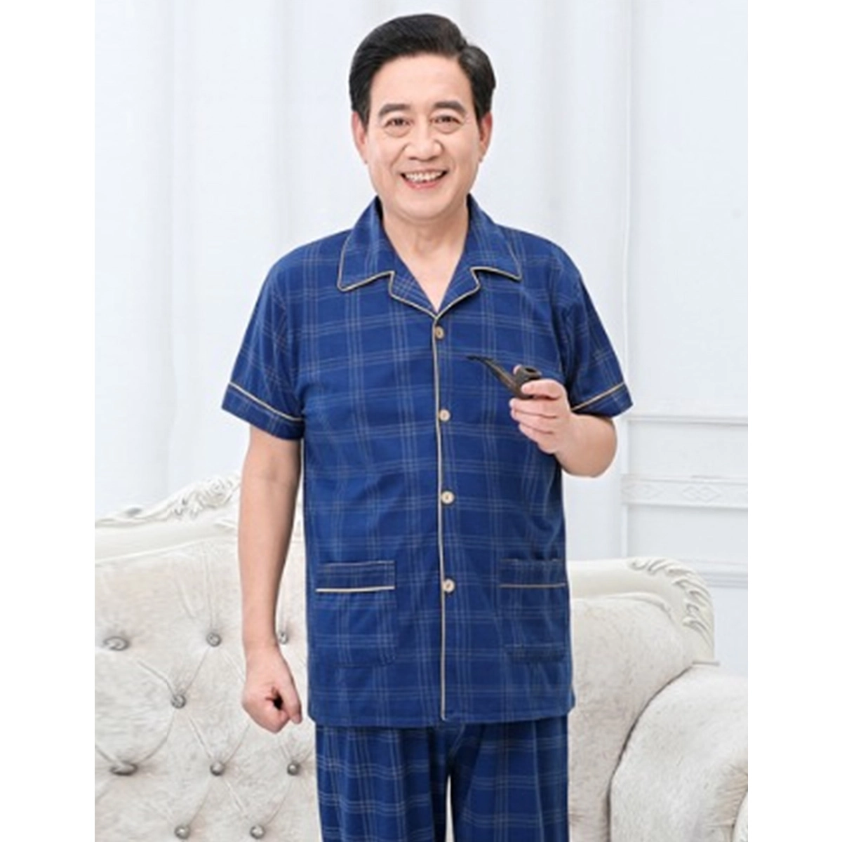 水中花 短袖舒适简约印花中老年加肥大码长裤睡衣套装 男款 藏青