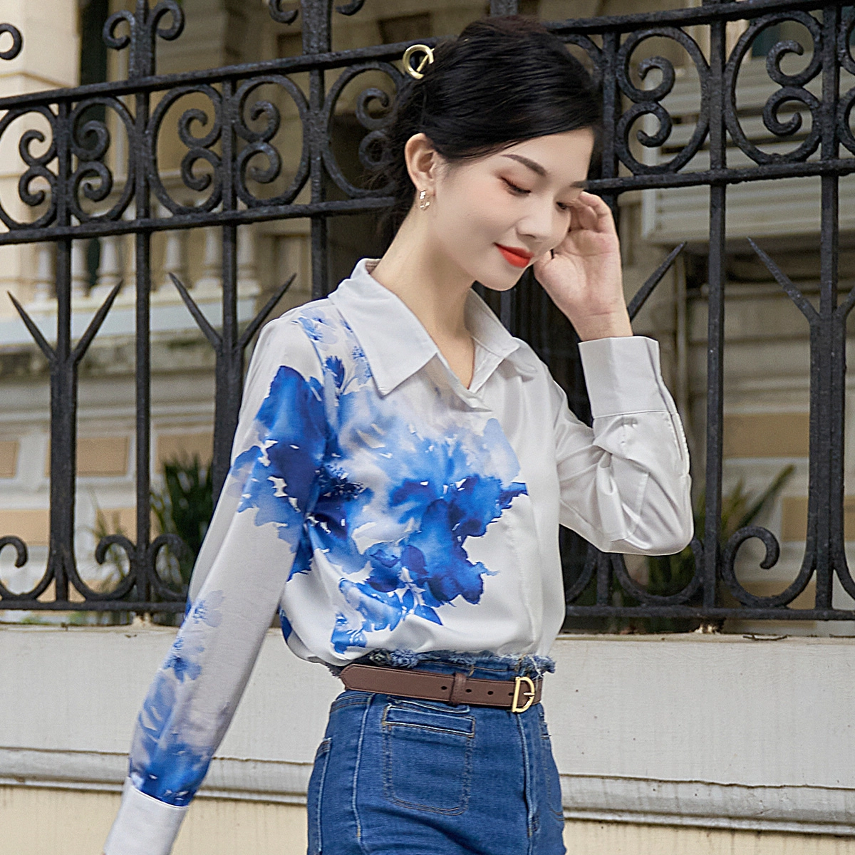 水中花 国风初水墨画印花文艺翻领长袖衬衫 女款 白色