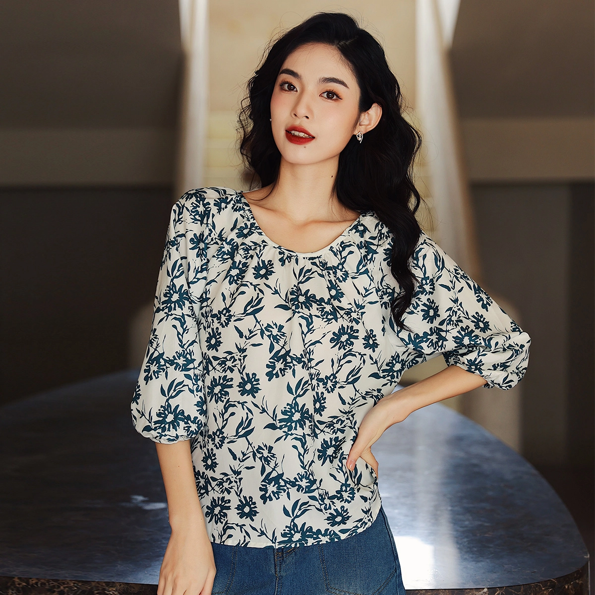 水中花 复古圆领套头宽松短袖衬衫 女款 绿色印花