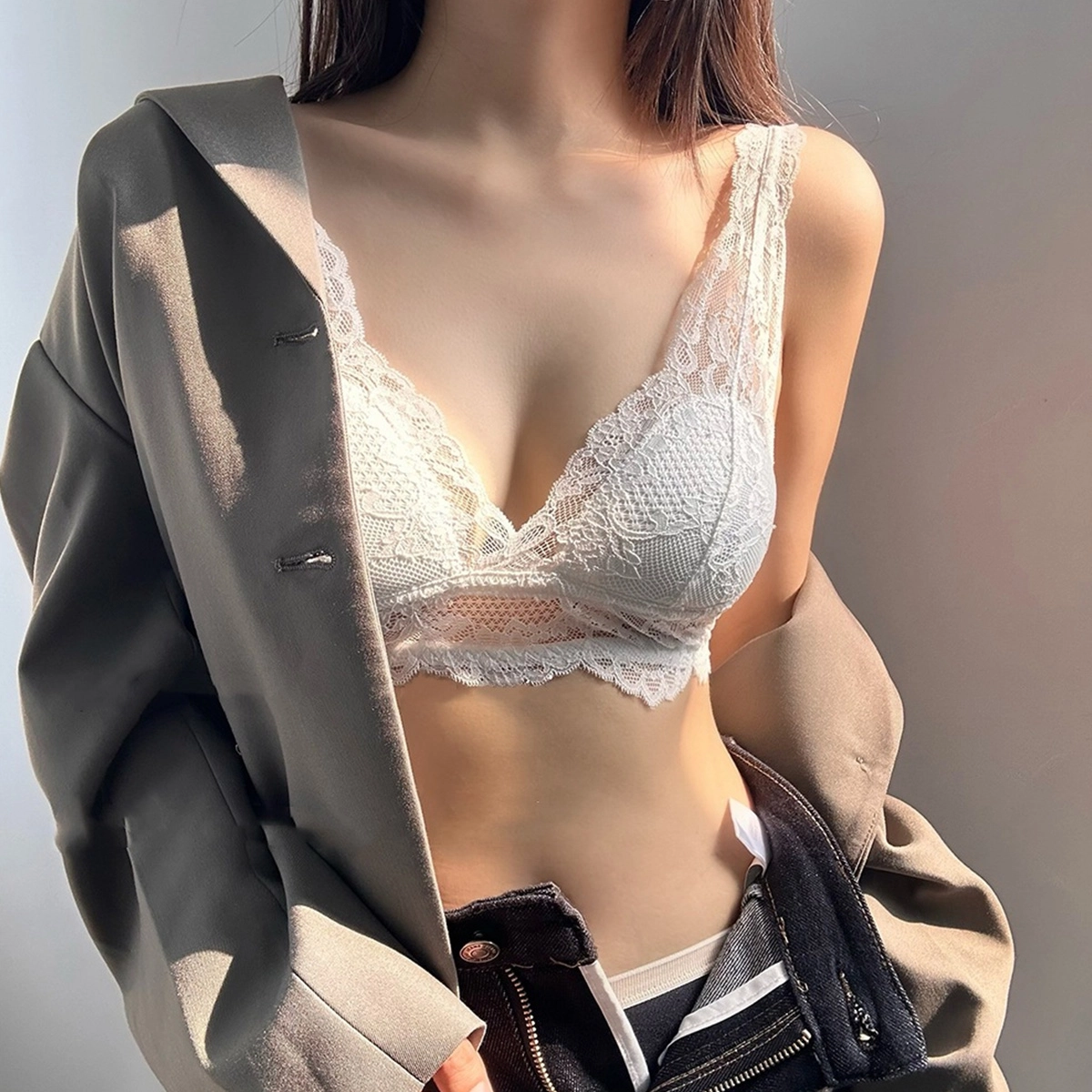 水中花 蕾丝内搭法式性感纯欲薄款大胸显小收副乳美背聚拢文胸 女款