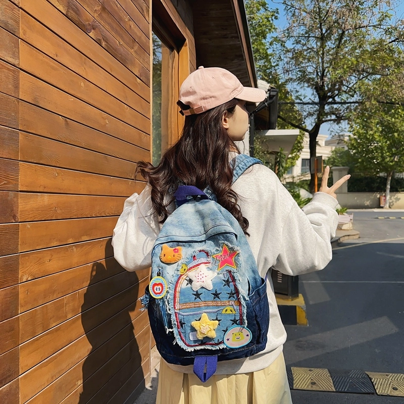 宝琳卡休闲牛仔拼色双肩包卡通甜美中学生书包慵懒风大学生背包女