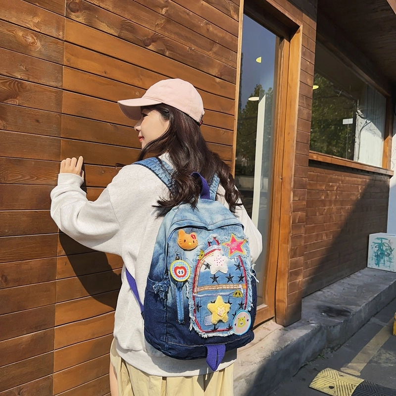 宝琳卡休闲牛仔拼色双肩包卡通甜美中学生书包慵懒风大学生背包女