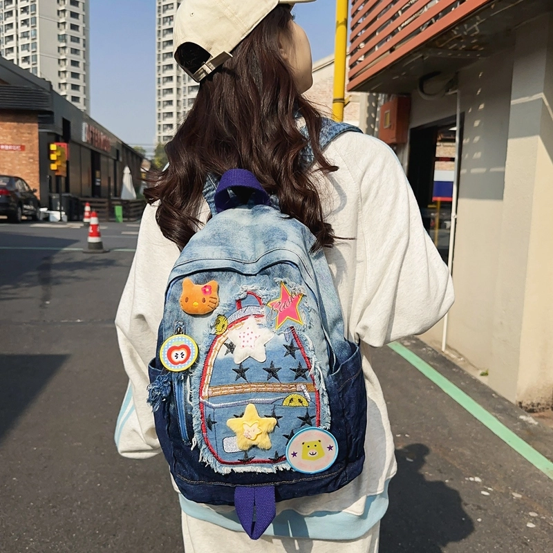 宝琳卡休闲牛仔拼色双肩包卡通甜美中学生书包慵懒风大学生背包女