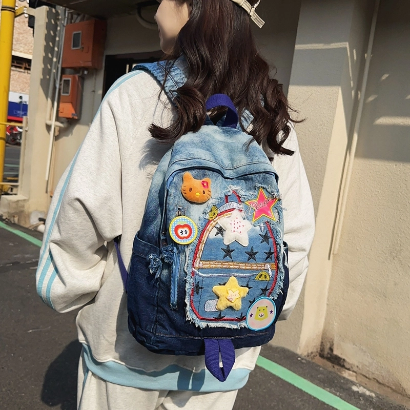 宝琳卡休闲牛仔拼色双肩包卡通甜美中学生书包慵懒风大学生背包女