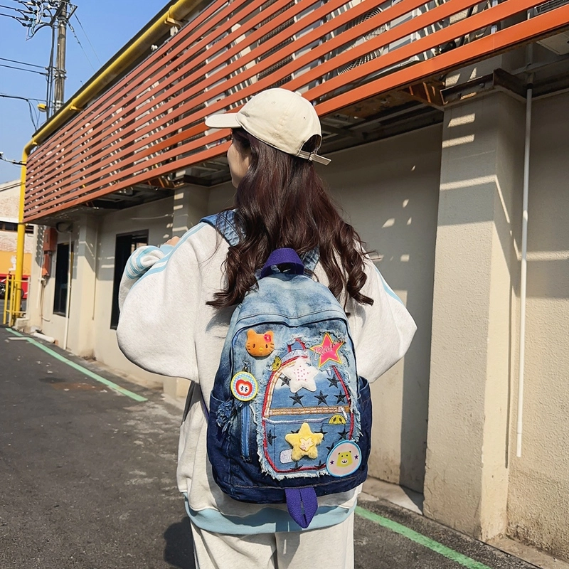 宝琳卡休闲牛仔拼色双肩包卡通甜美中学生书包慵懒风大学生背包女