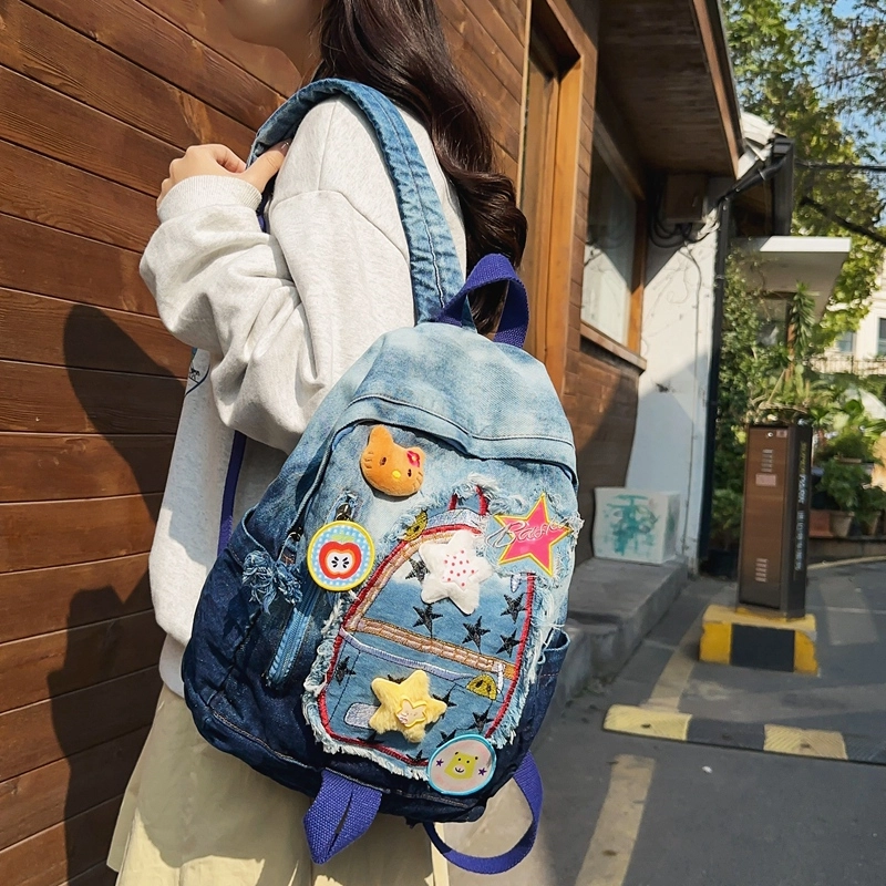 宝琳卡休闲牛仔拼色双肩包卡通甜美中学生书包慵懒风大学生背包女
