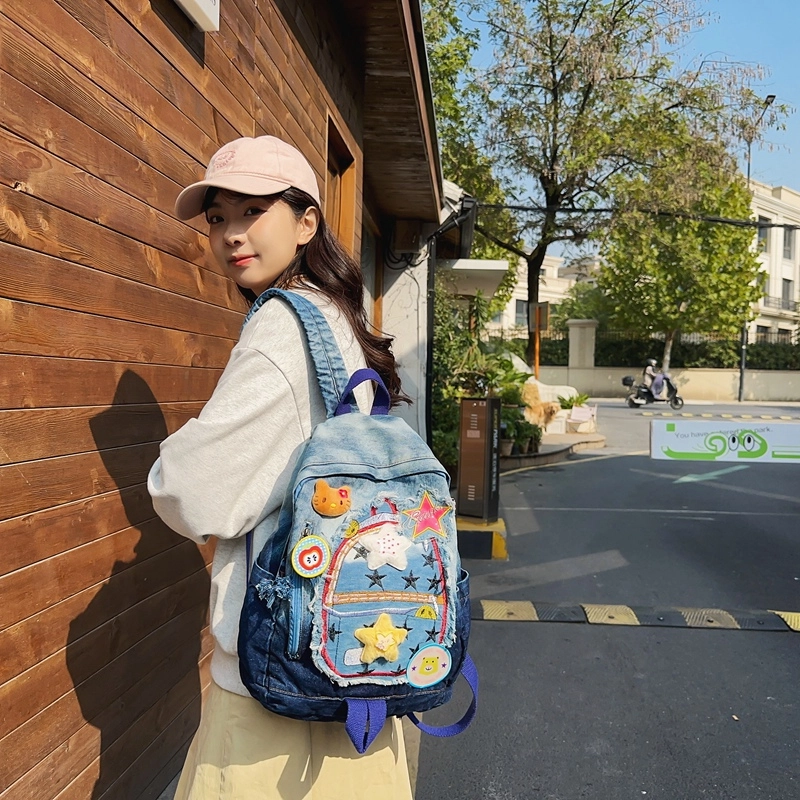 宝琳卡休闲牛仔拼色双肩包卡通甜美中学生书包慵懒风大学生背包女