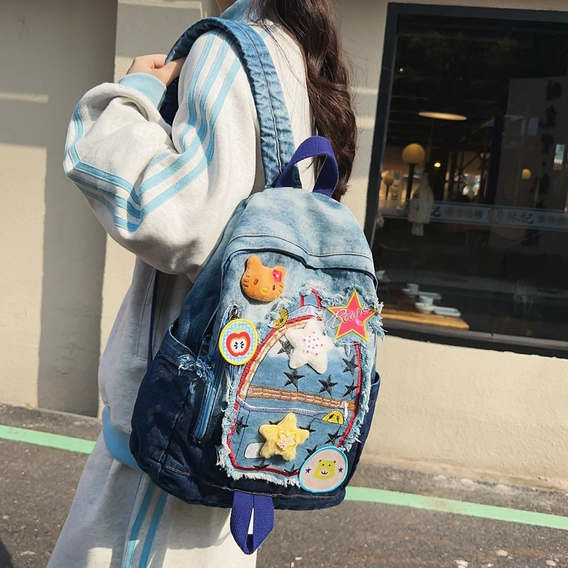 宝琳卡休闲牛仔拼色双肩包卡通甜美中学生书包慵懒风大学生背包女
