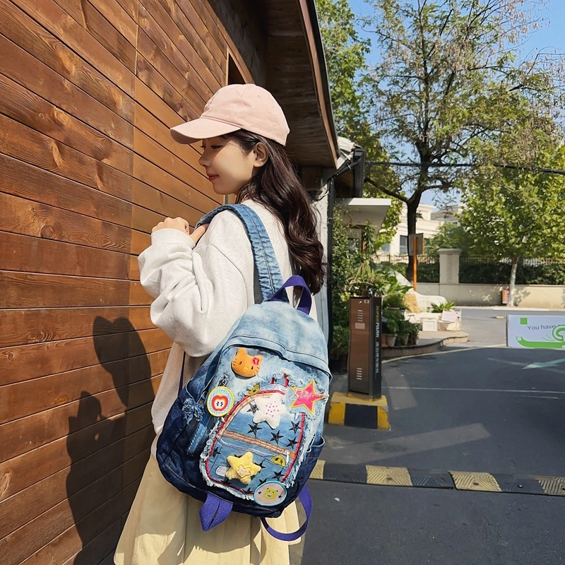 宝琳卡休闲牛仔拼色双肩包卡通甜美中学生书包慵懒风大学生背包女