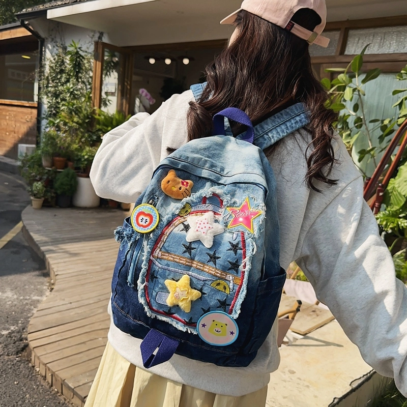 宝琳卡休闲牛仔拼色双肩包卡通甜美中学生书包慵懒风大学生背包女