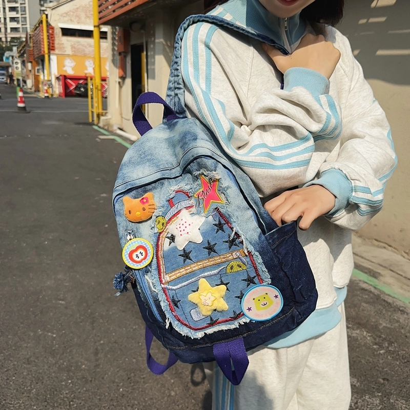 宝琳卡休闲牛仔拼色双肩包卡通甜美中学生书包慵懒风大学生背包女