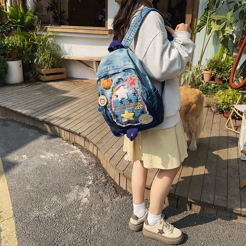 宝琳卡休闲牛仔拼色双肩包卡通甜美中学生书包慵懒风大学生背包女