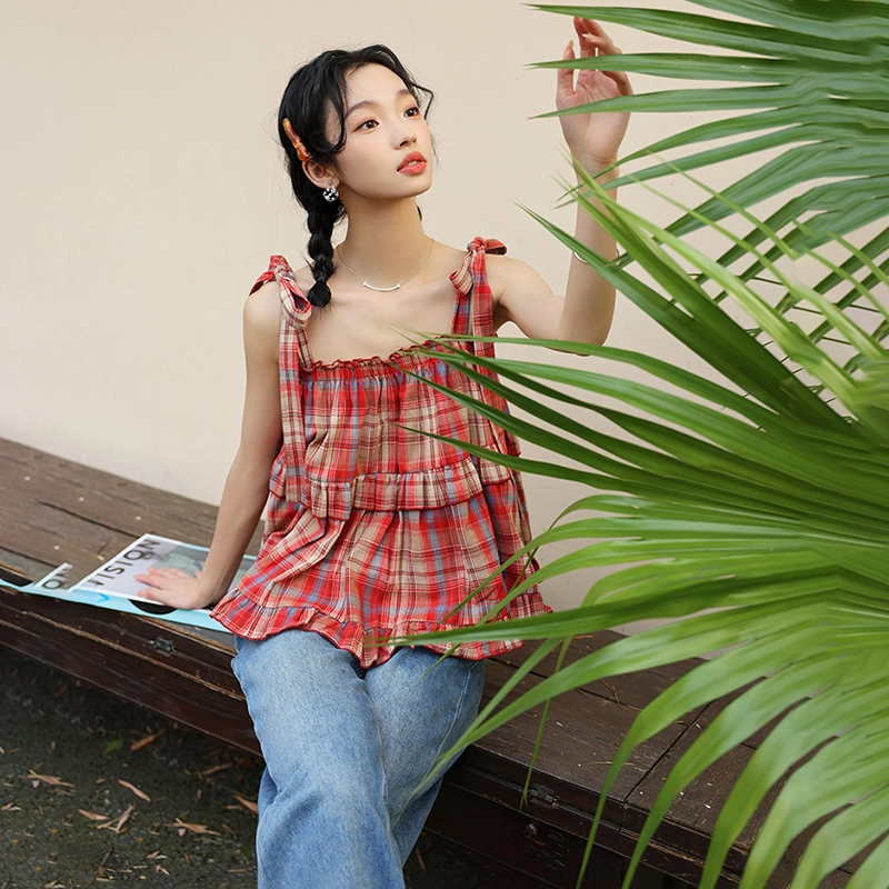 玉儿恋 格子套头方领薄款系带吊带 女款 红色