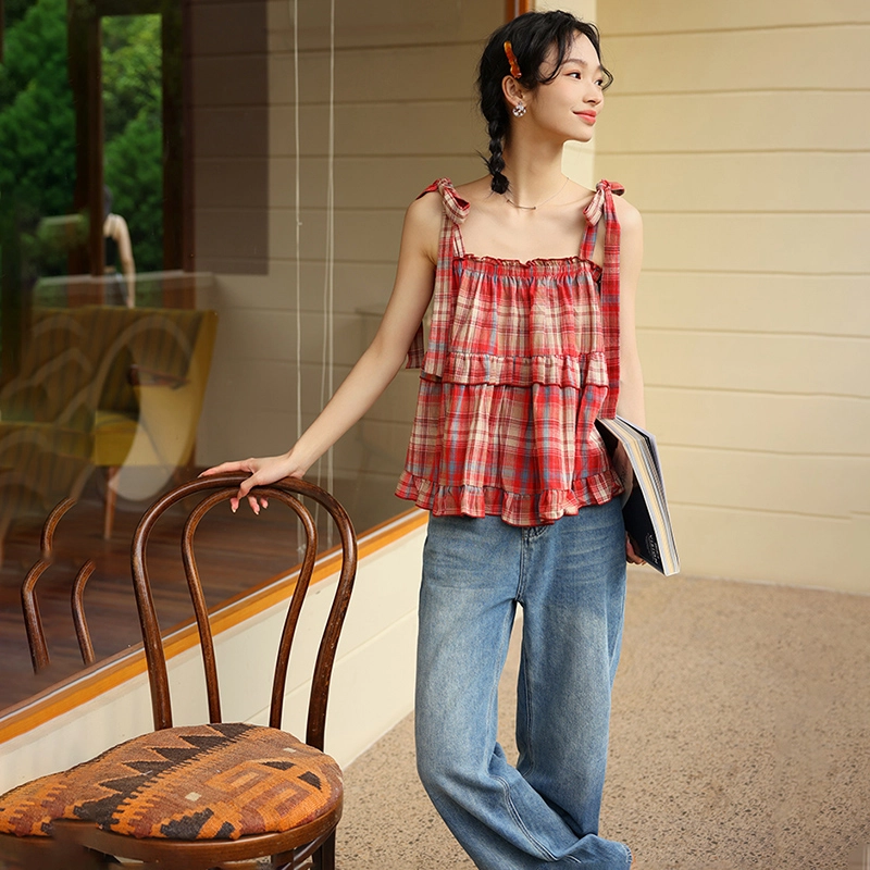 玉儿恋 格子套头方领薄款系带吊带 女款 红色