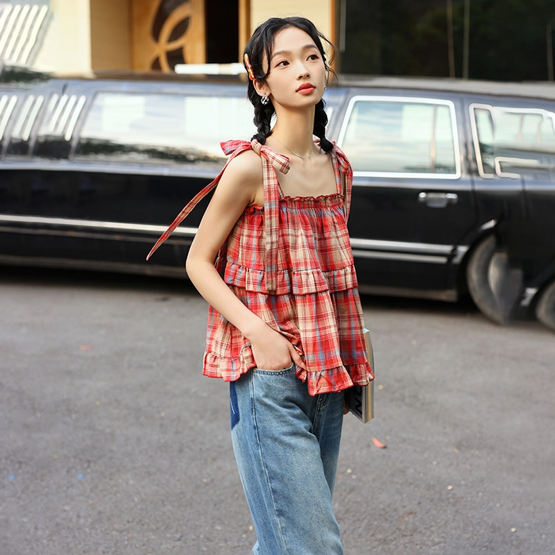玉儿恋 格子套头方领薄款系带吊带 女款 红色