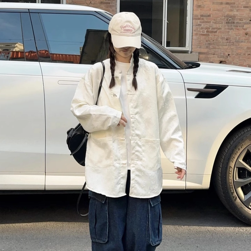 半空山 新中式国风水墨蝴蝶暗花高级感设计宽松休闲落肩丝滑长袖衬衫 男女同款