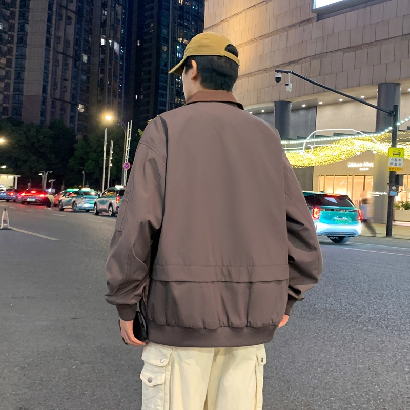 半空山 半空山美式复古高街纯色基础款拼接撞色立领多拉链大口袋小米格面防泼水夹克 男女同款