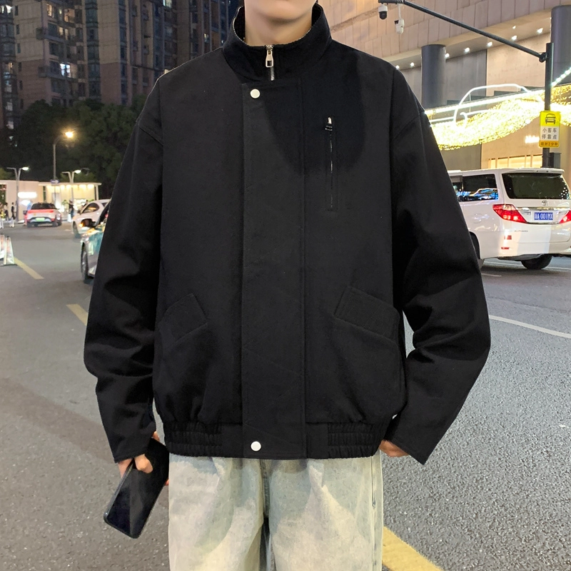 半空山 半空山美式复古高街纯色基础款纯棉拼接金属按扣潮流时尚百搭飞行员夹克 男女同款