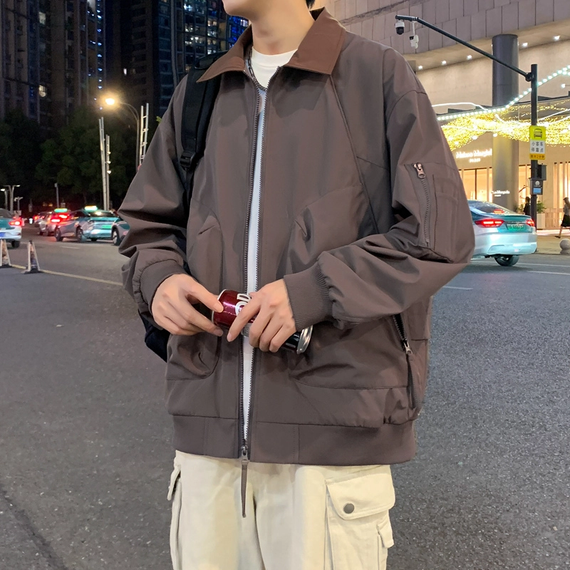 半空山 半空山美式复古高街纯色基础款拼接撞色立领多拉链大口袋小米格面防泼水夹克 男女同款