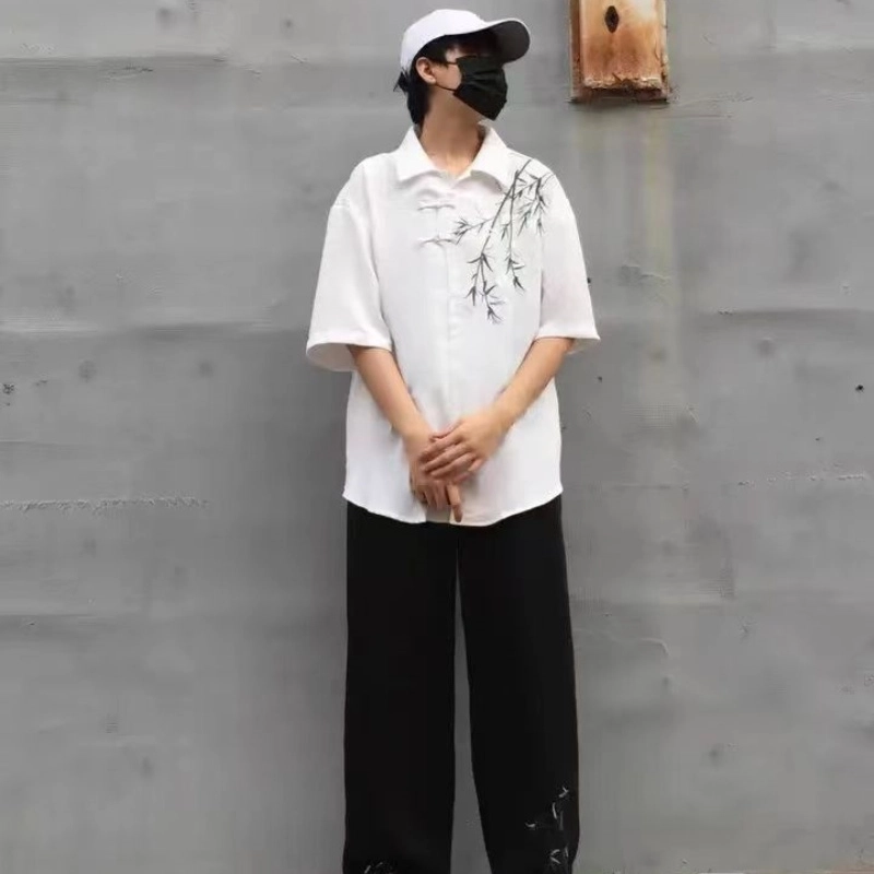 半空山 新中式国风两件套竹子刺绣古风唐装设计休闲舒适宽松百搭直筒亲肤透气盘扣高街衬衫套装 男女同款