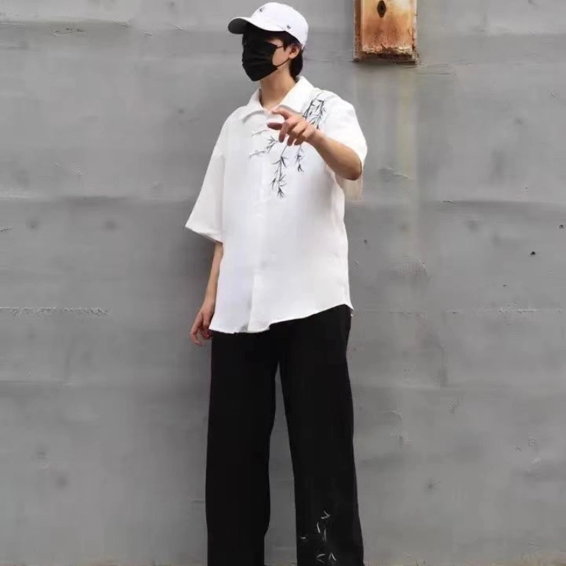 半空山 新中式国风两件套竹子刺绣古风唐装设计休闲舒适宽松百搭直筒亲肤透气盘扣高街衬衫套装 男女同款