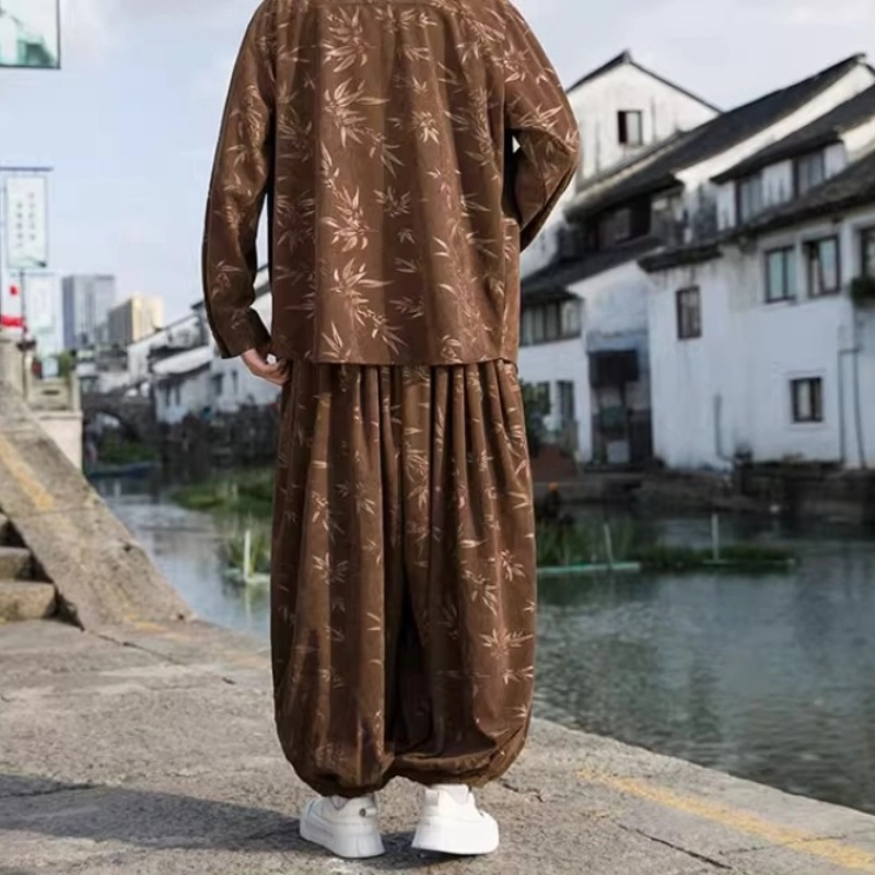 半空山 新中式复古盘扣唐装春秋竹叶提花国潮衬衫 男女同款