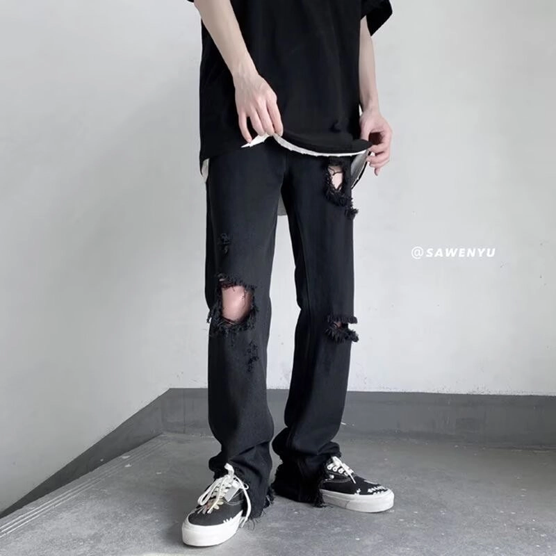 半空山 不规则破洞美式高街直筒阔腿修身显瘦显高时尚百搭复古牛仔裤 男女同款