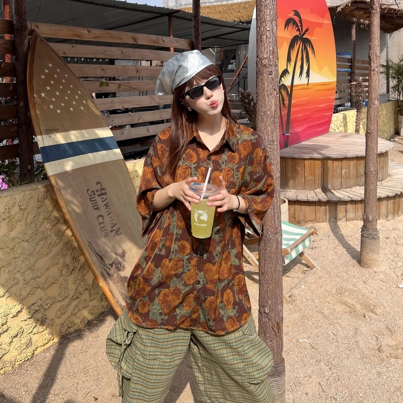 半空山 新中式国潮老花原创古着感花卉复古短袖夏季凉感个性潮牌宽松透气衬衫 男女同款