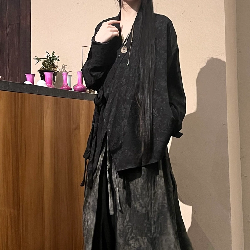 半空山 新中式藏式重磅花卉刺绣叠穿扎染长尾宽松轻修道袍绑带长袖衬衫 男女同款
