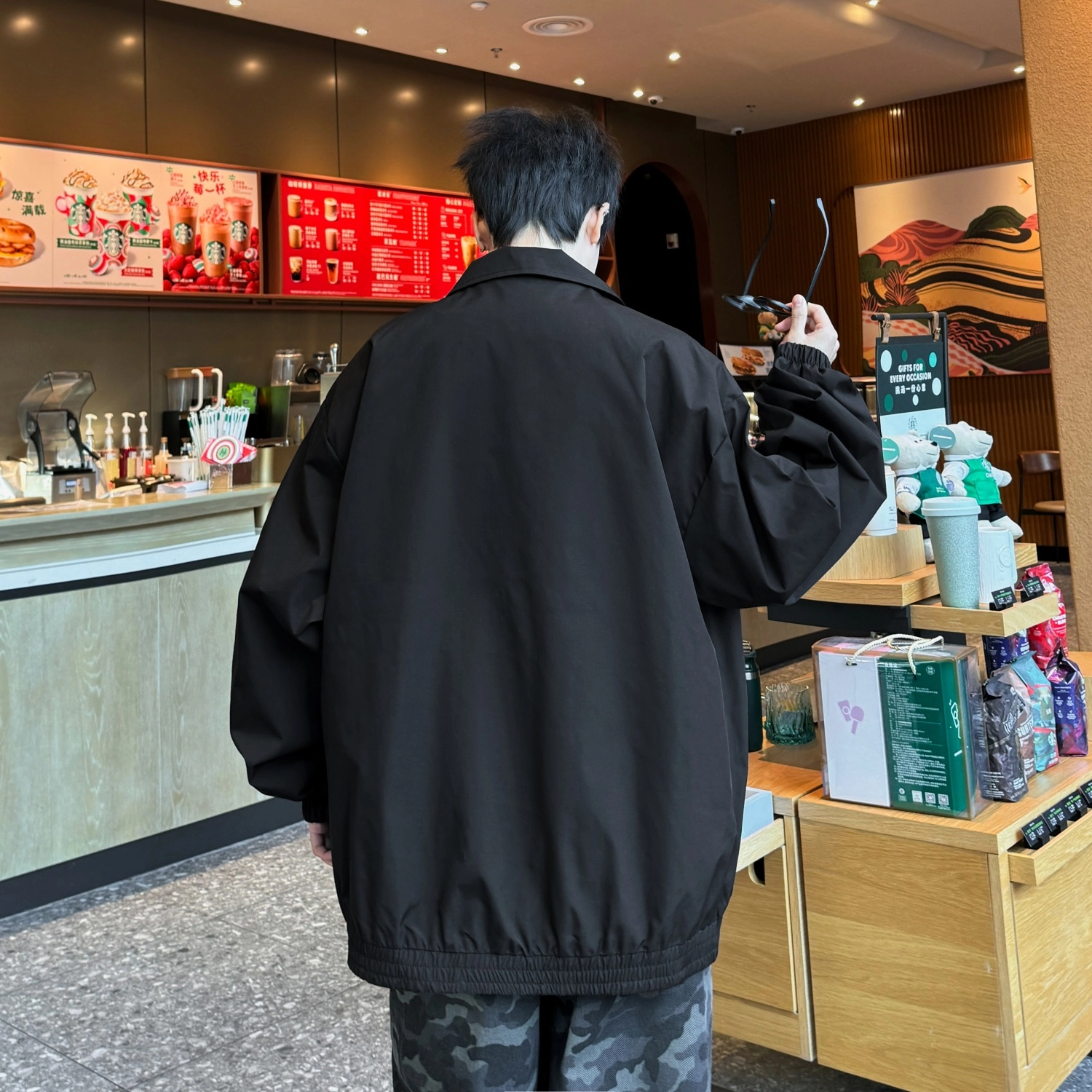 半空山 美式高街纯色简约潮流假两件高级感绅士文艺范宽松百搭休闲翻领夹克外套 男女同款