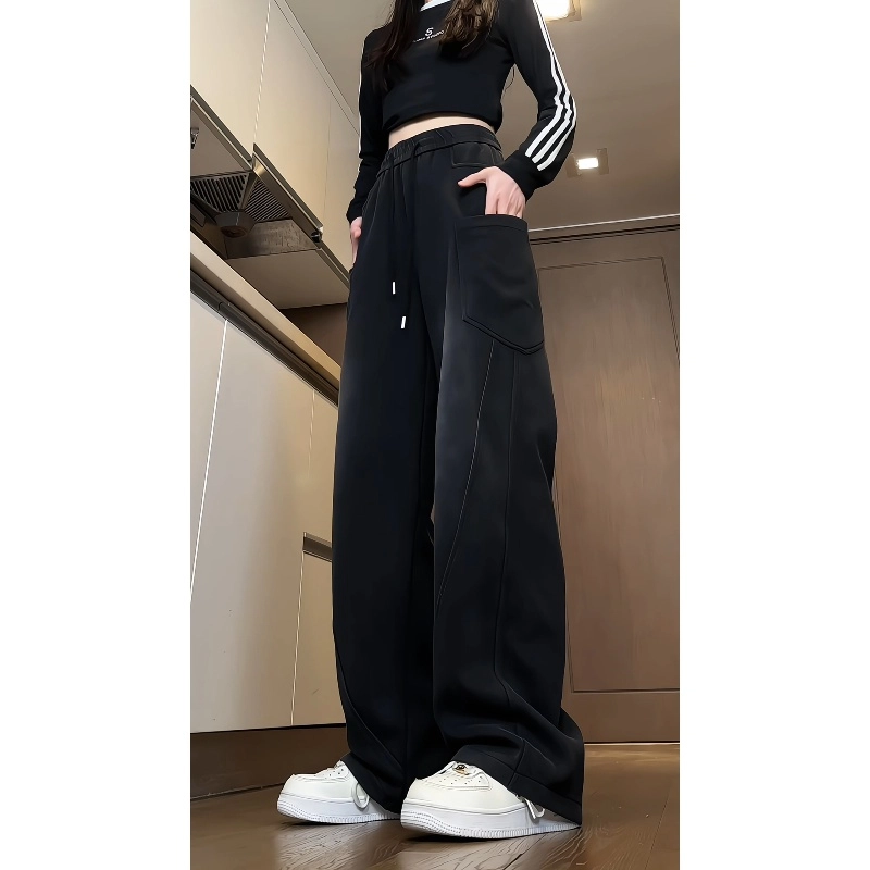 半空山 水洗做旧纯色多口袋宽松阔腿工装美式复古高街百搭直筒抽绳拖地休闲裤 男女同款