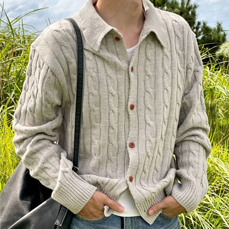 半空山 韩系慵懒风粗麻花高级感开衫外套软糯舒适亲肤透气翻领针织衫 男女同款