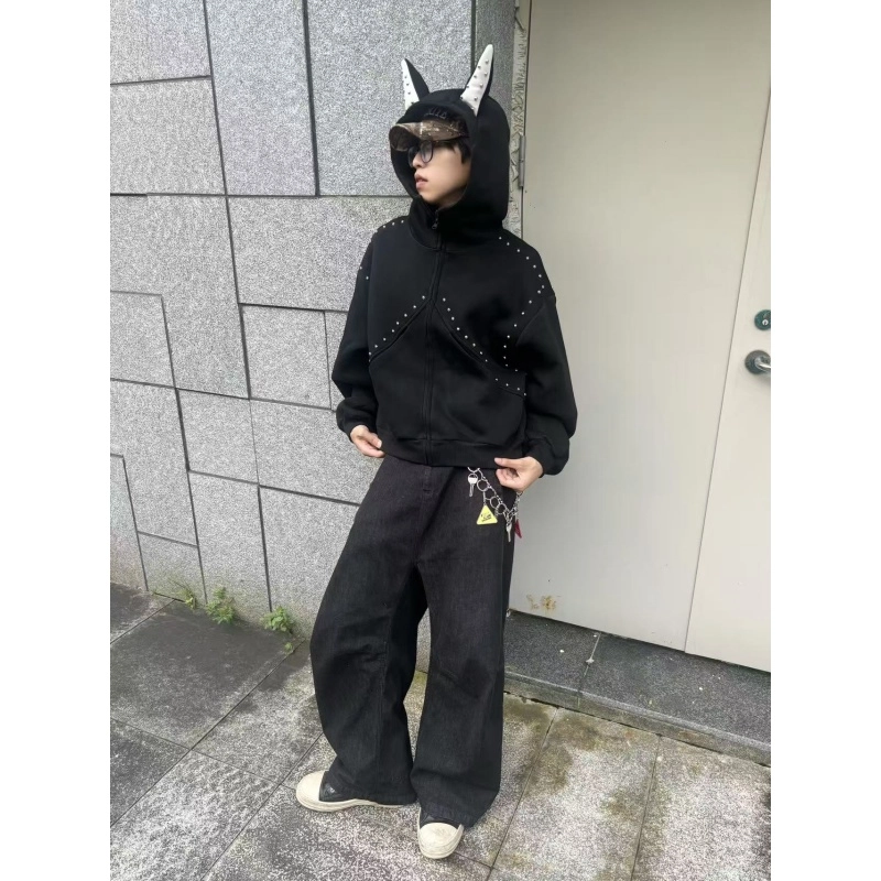 半空山 美式复古高街卡通纯色解构拼接趣味小恶魔铆钉立体装饰杜宾犬连帽设计小众日常通勤潮流时尚百搭宽松舒适开衫卫卫衣 男女同款