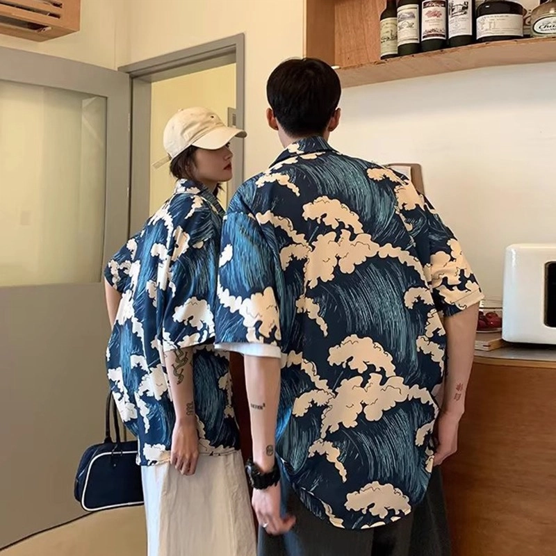 半空山 夏季凉爽透气宽松休闲沙滩半袖海浪满印夏威夷风落肩轻薄垂顺感高街旅游衬衫 男女同款