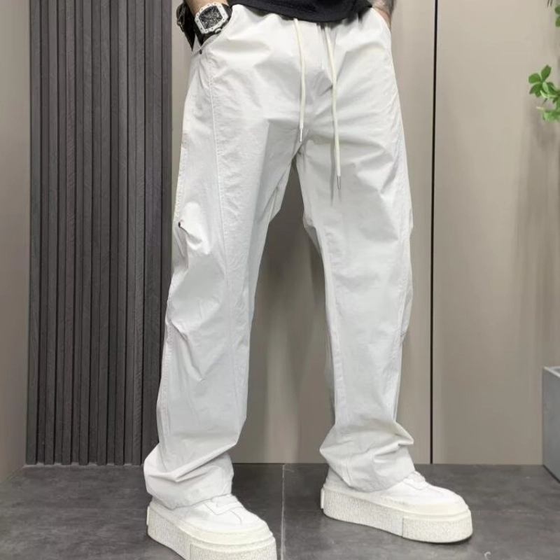半空山 美式高街潮牌宽松垂感铆钉褶皱设计纯色简约薄款系带中腰百搭直筒休闲裤 男女同款