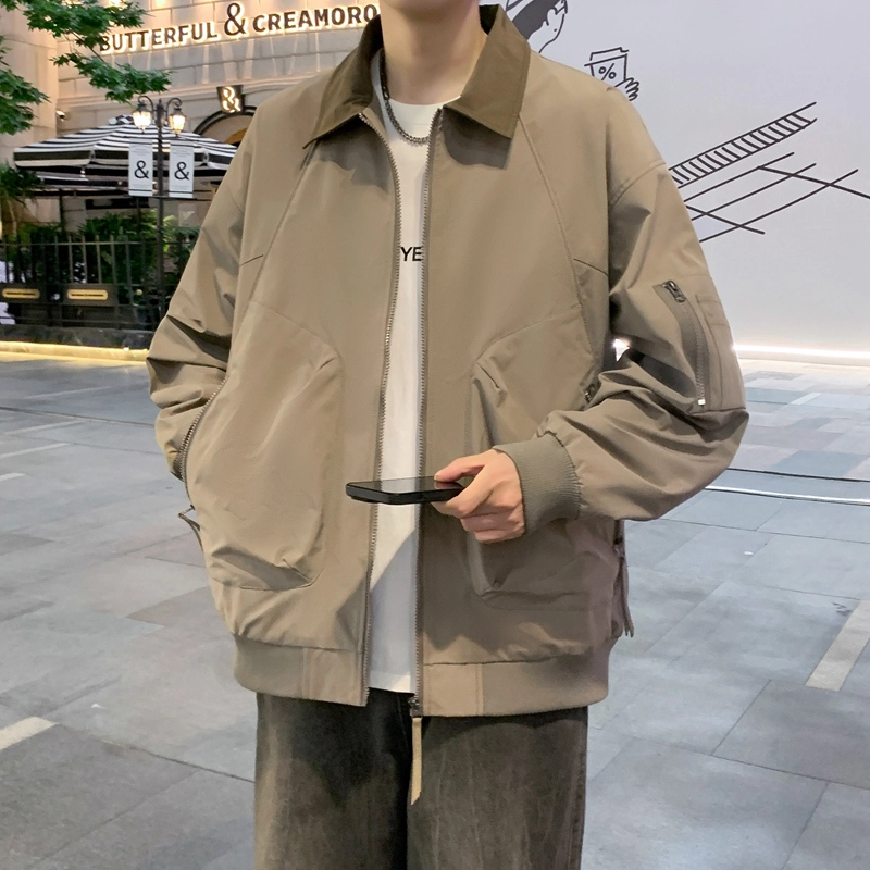 半空山 半空山美式复古高街纯色基础款拼接撞色立领多拉链大口袋小米格面防泼水夹克 男女同款