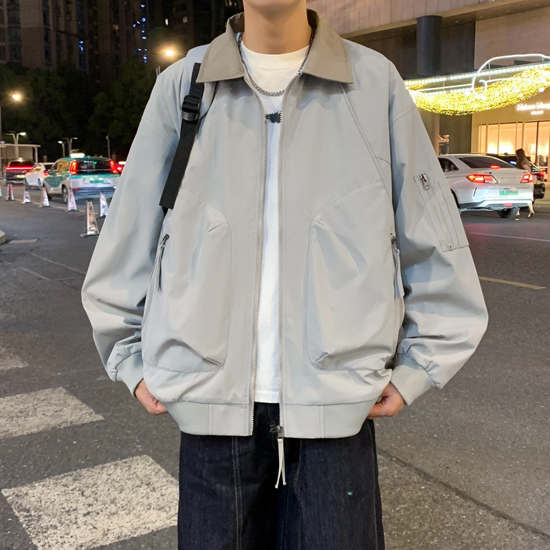 半空山 半空山美式复古高街纯色基础款拼接撞色立领多拉链大口袋小米格面防泼水夹克 男女同款