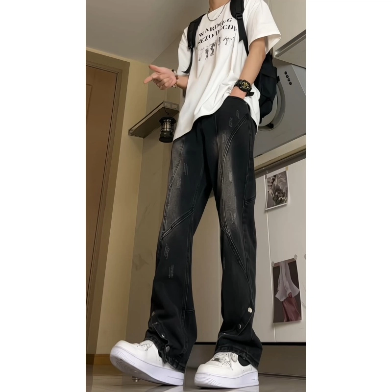 半空山 美式高街水洗磨白不规则解构高级感设计脚部纽扣可调节微喇休闲柴攀宽松直筒牛仔裤 男女同款