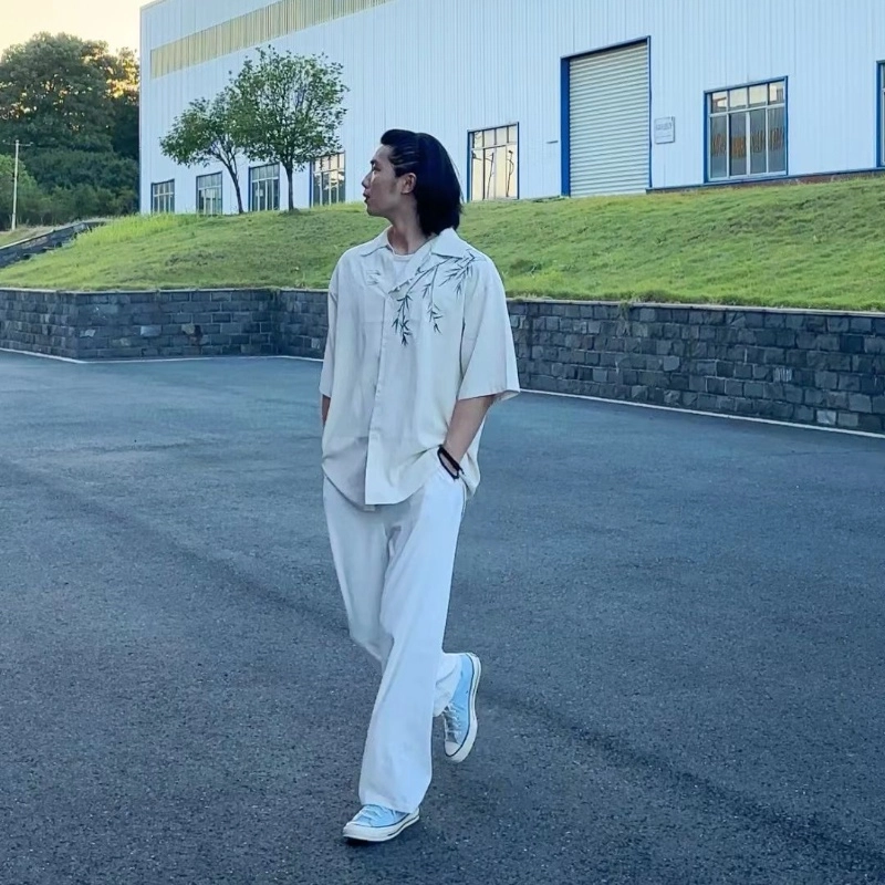 半空山 新中式国风两件套竹子刺绣古风唐装设计休闲舒适宽松百搭直筒亲肤透气盘扣高街衬衫套装 男女同款